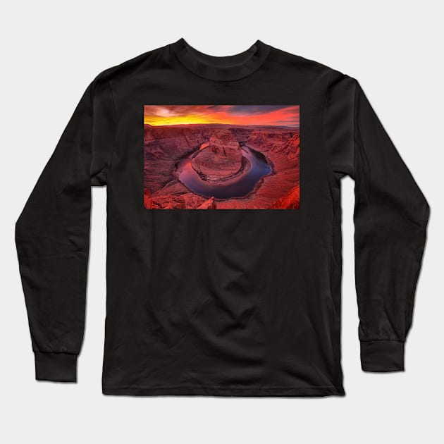 Horseshoe Bend Fiery Sunset Long Sleeve T-Shirt by AdamJewell